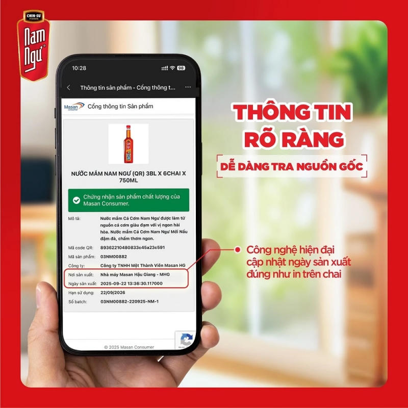 Cổng thông tin sản phẩm Nam Ngư sau khi quét mã QR